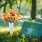 2 Sets Artificial Cemetery Flowers with Vases – Mixed Lilies & Roses (Orange & Yellow), 2 Grave Vases with Foam for Outdoor Headstones, Gravesites, and Memorial Decorations